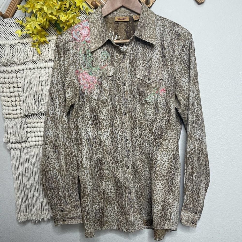 Wrangler Leopard Button Front Floral Embroidered Top